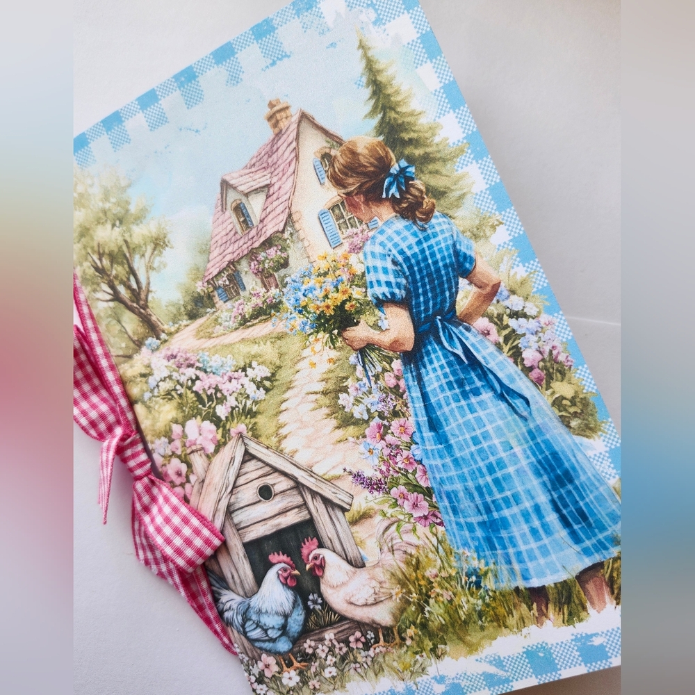 Junk Journal Booklet "COUNTRY GINGHAM" Farmhouse Cards, Pockets Ephemera 40Pg
